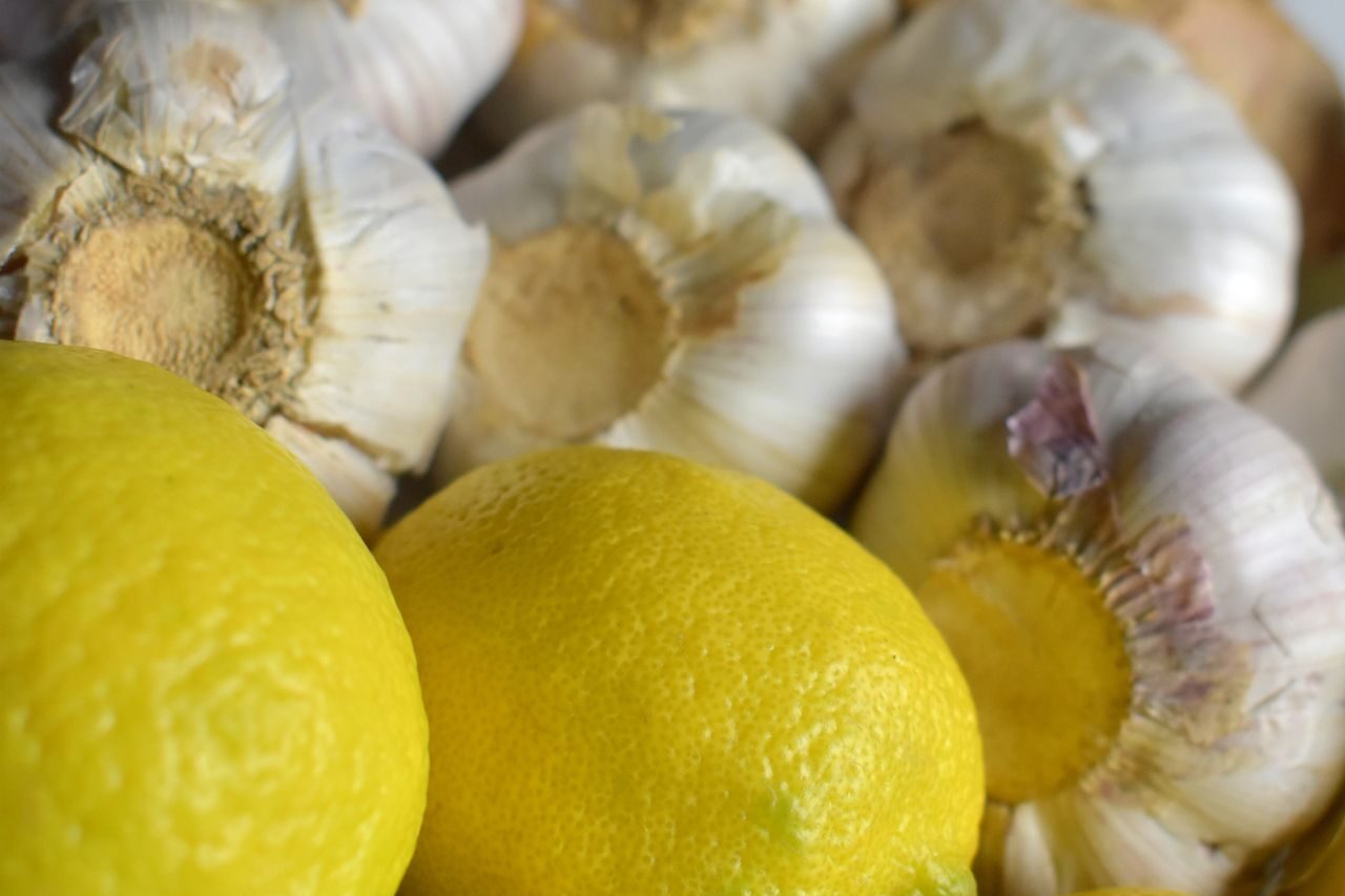 Fresh lemons, garlic bulbs and ginger root piled together, the core ingredients of a fire cider recipe