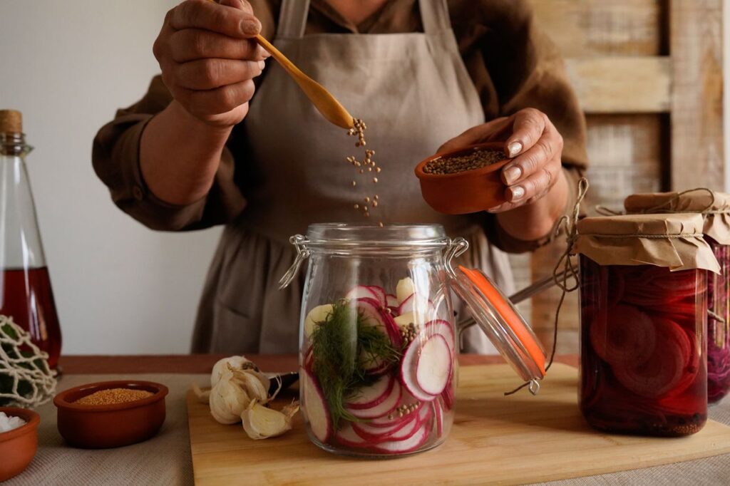 Hands adding spices to a glass jar packed with sliced onion and vegetables on a wooden board, the first step in making fire cider